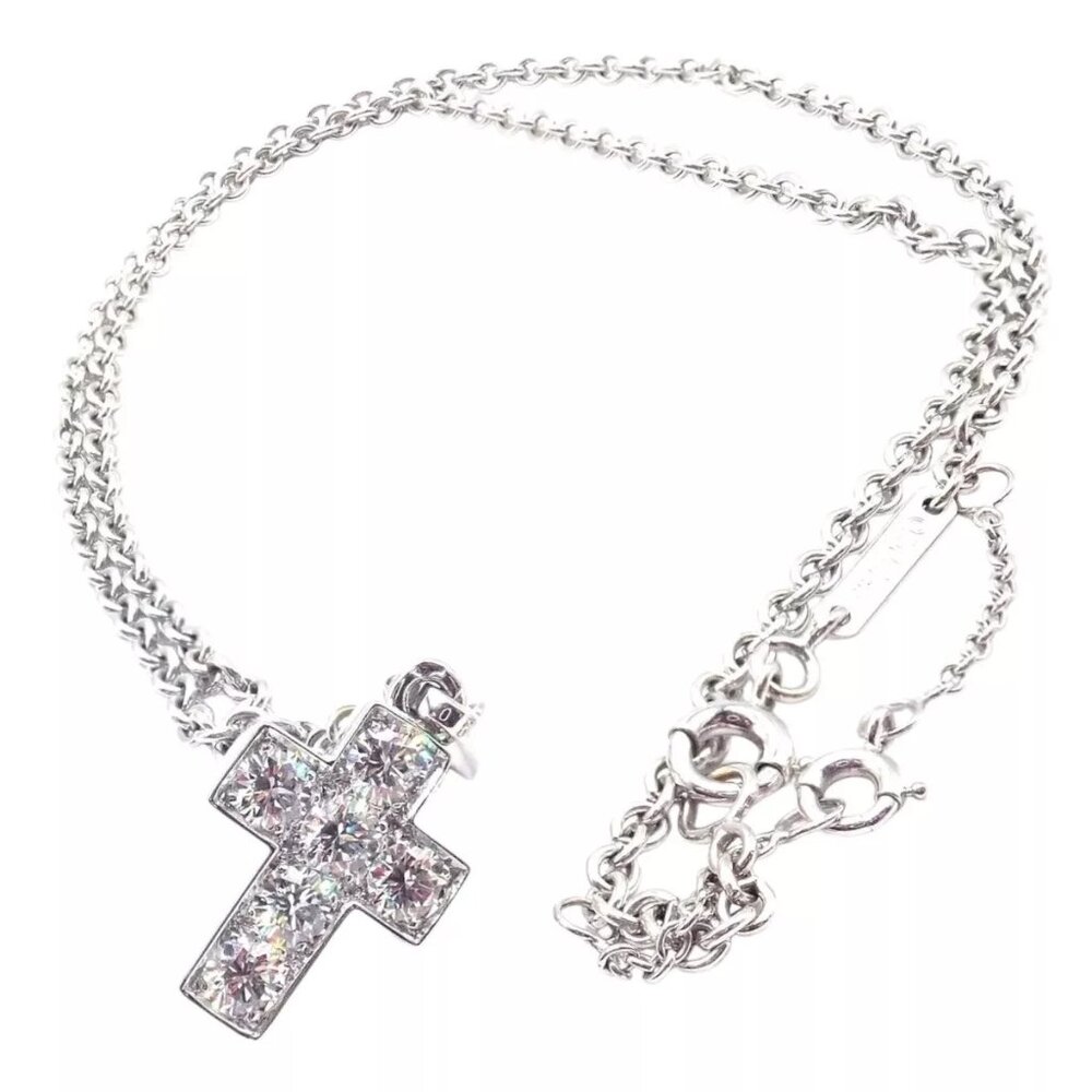 Authentic! Cartier 18k White Gold Diamond Cross Pendant Chain Necklace